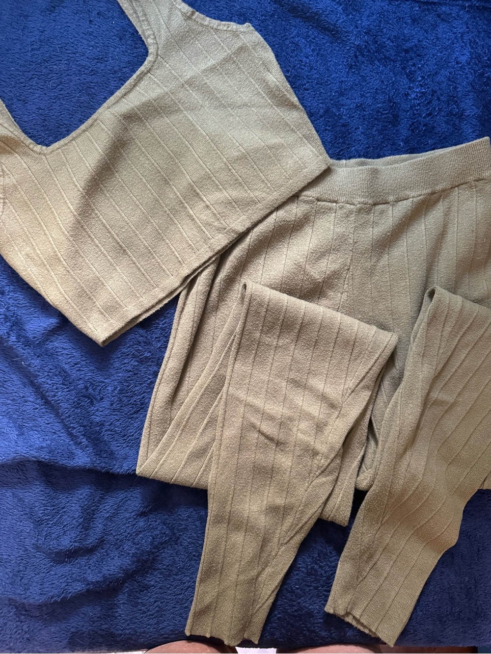 Ribbed Knit Two-Piece Set - Olive Green Pants & Crop Top